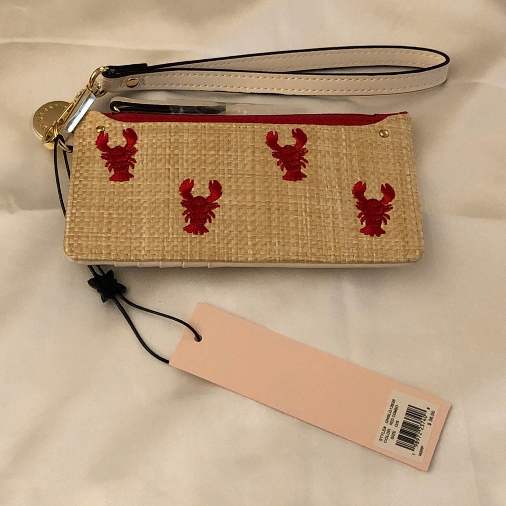 BCBG Generation Natural Color Straw Card Wallet Red Embroidered Lobsters NWT